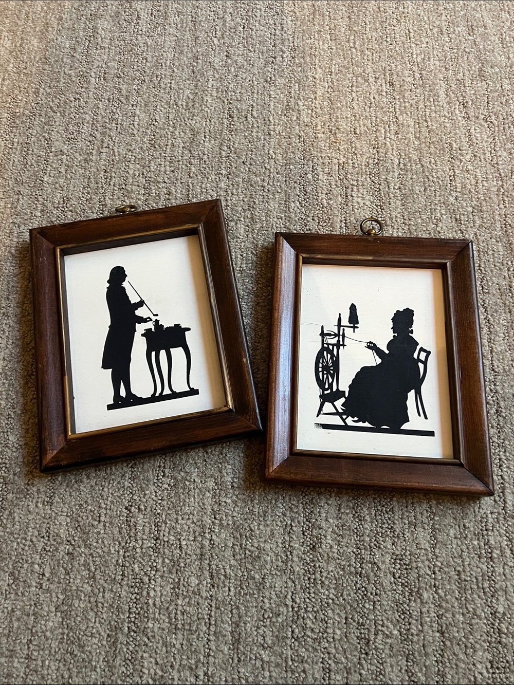 Vintage Colonial Silhouette Wall Art Pair - Brown Frames with Black Figures